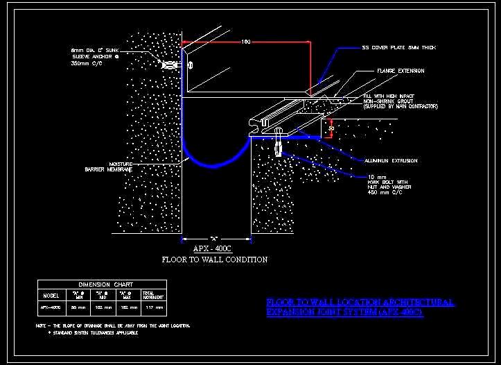 Floor-to-Wall Expansion Joint Detail in AutoCAD with S.S. Cover